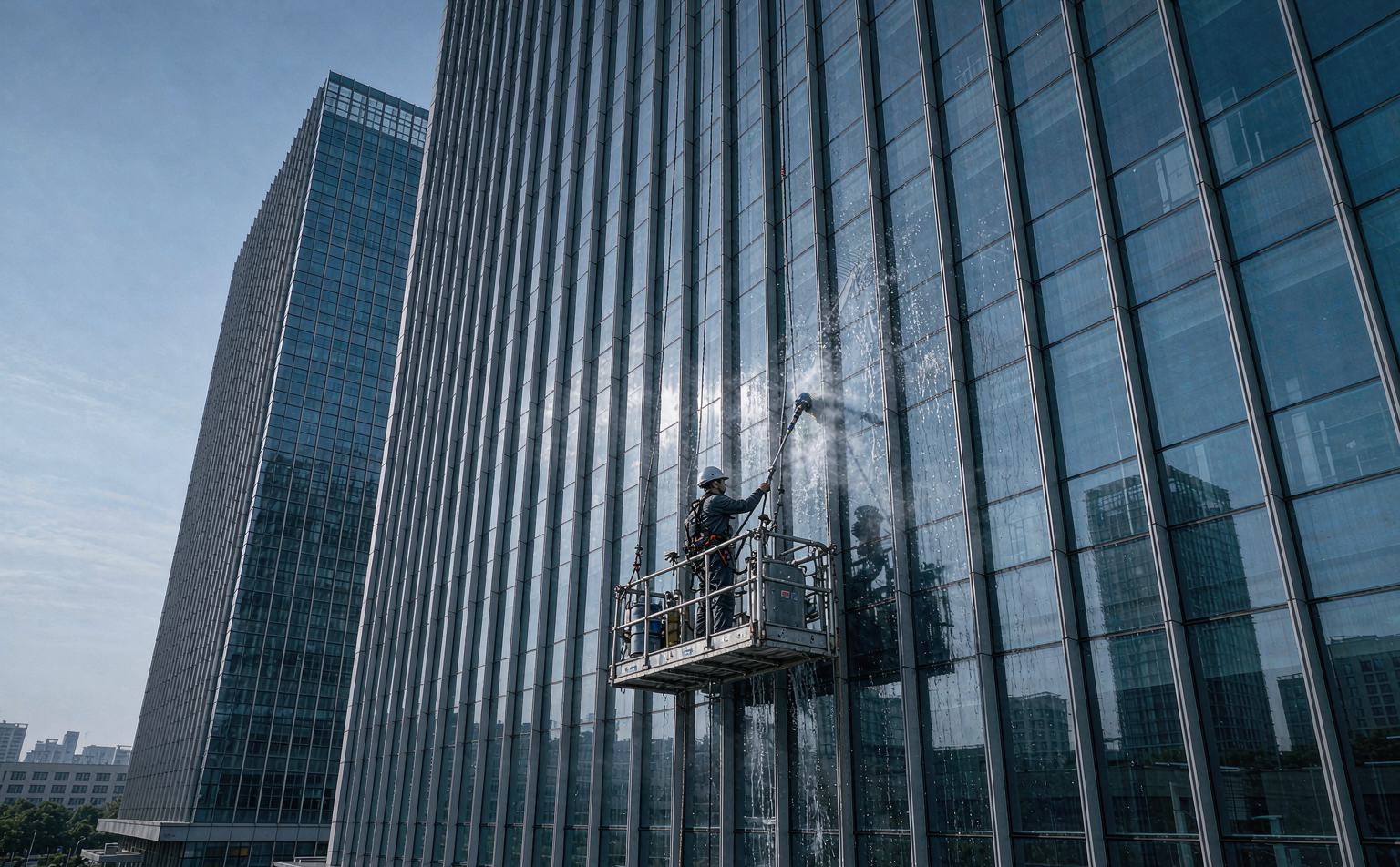 南京高层建筑玻璃幕墙专项清洗高空作业实景